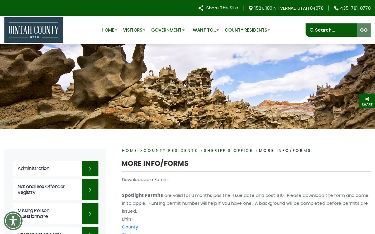 Uintah County released inmate records and Sheriff forms page